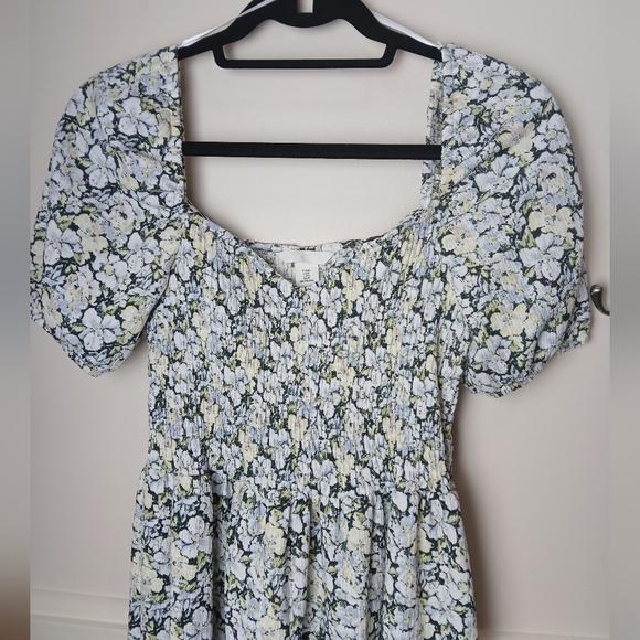 NWT H & M Floral Puff Sleeve Midi Dress Green Yellow Blue White - Picture 3 of 13